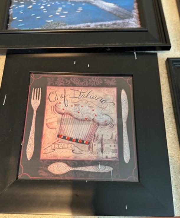 Framed Italian-themed artwork with "Chef Italiano" text, cutlery design, and Italy illustration. Black frame, square shape.