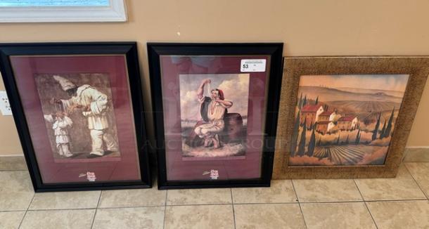 Three framed Italian artworks: two depicting traditional figures, one landscape. Good condition, $3 price tag visible.