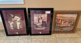 Three framed Italian artworks: two depicting traditional figures, one landscape. Good condition, $3 price tag visible.