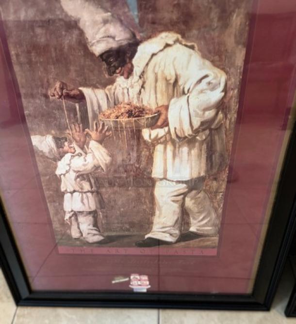 Framed Italian artwork featuring a scene with two figures in traditional attire, vibrant colors, excellent condition.