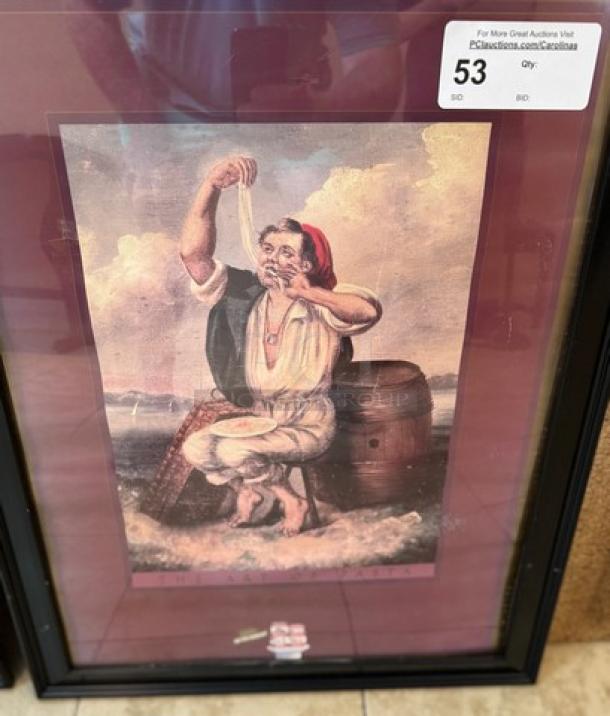 Framed Italian artwork featuring a man in historical attire eating pasta. Label indicates auction item number 53.