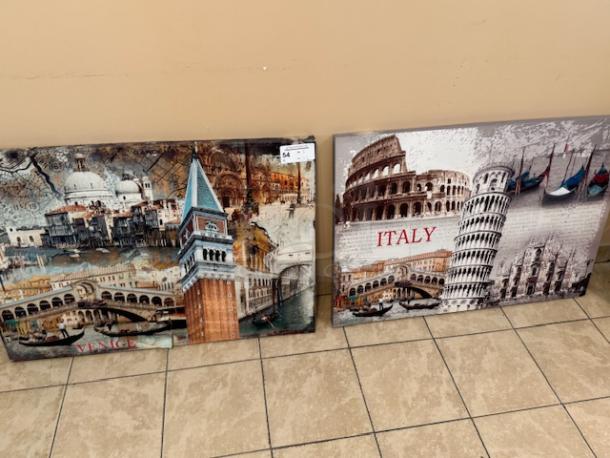 Two Italian artwork canvases for auction. One features Venice landmarks, the other highlights Italy's iconic structures.