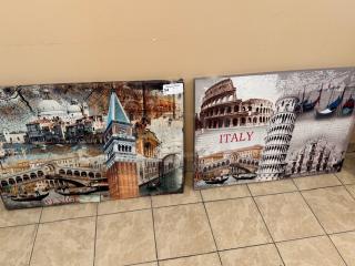 Two Italian artwork canvases for auction. One features Venice landmarks, the other highlights Italy's iconic structures.