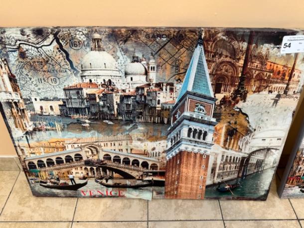 Italian artwork depicting Venice landmarks, including St. Mark's Basilica and Rialto Bridge. Rich colors, textured canvas. Good condition.
