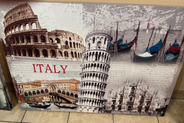 Italian artwork featuring landmarks like the Colosseum, Leaning Tower of Pisa, gondolas, and Milan Cathedral, labeled "Italy."