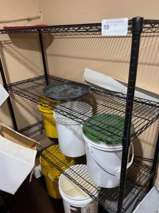 Wire shelving rack with multiple buckets; features adjustable shelves and sturdy metal construction; item tag "59" visible.