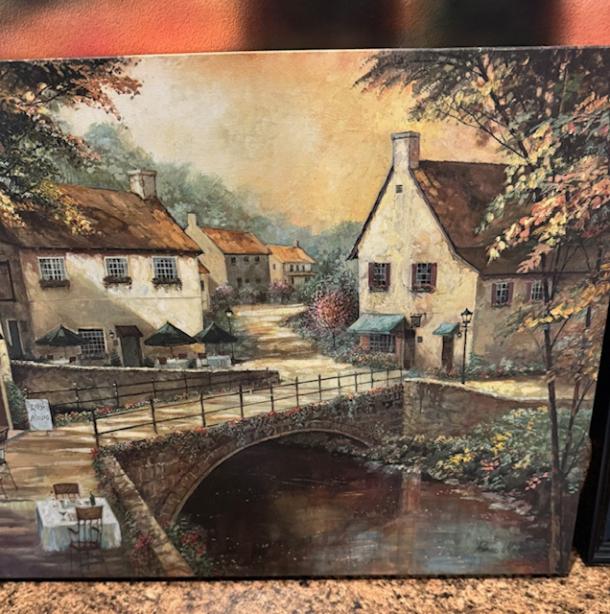 Italian artwork depicting a quaint village scene with cottages and a stone bridge, in excellent condition.