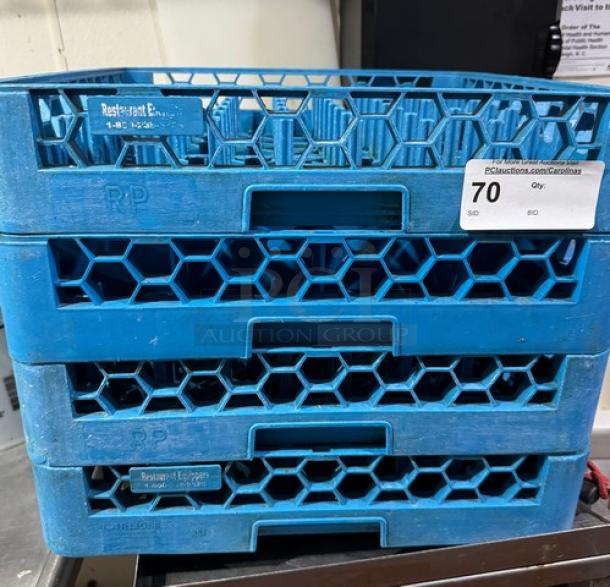 Blue dishwasher racks for glasses, stack of four, hexagonal design, stackable. Shows label with auction lot number 70.