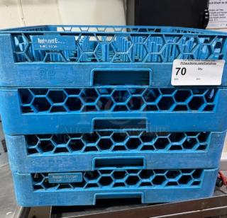 Blue dishwasher racks for glasses, stack of four, hexagonal design, stackable. Shows label with auction lot number 70.