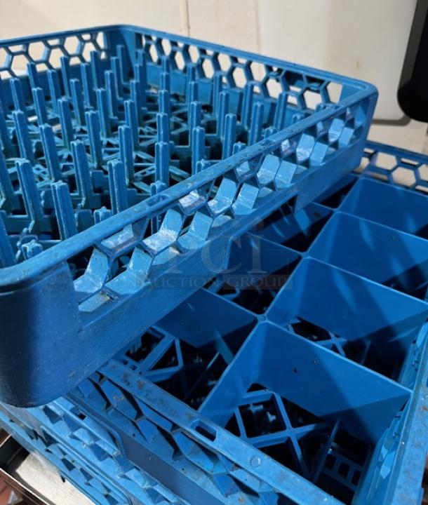 Blue dishwasher racks for glasses, set of 4, featuring durable plastic construction and vertical peg design. Used condition.