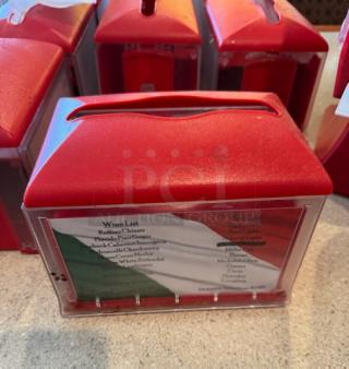 Red Xpressnap napkin holders, 17 pieces. Front displays menu insert. Some signs of use, suitable for high-traffic areas.