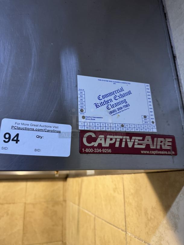 CaptiveAire 13 ft hood with fire system, stainless steel, tested and working, commercial use, visible labels and inspection chart.
