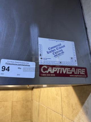 CaptiveAire 13 ft hood with fire system, stainless steel, tested and working, commercial use, visible labels and inspection chart.