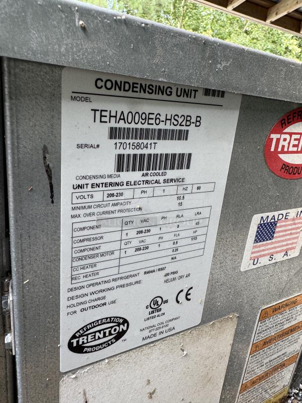 Trenton Condensing Unit TEHA009E6-HS2B-B, 1 Phase, 208V, tested and working. Label shows specifications and serial number.