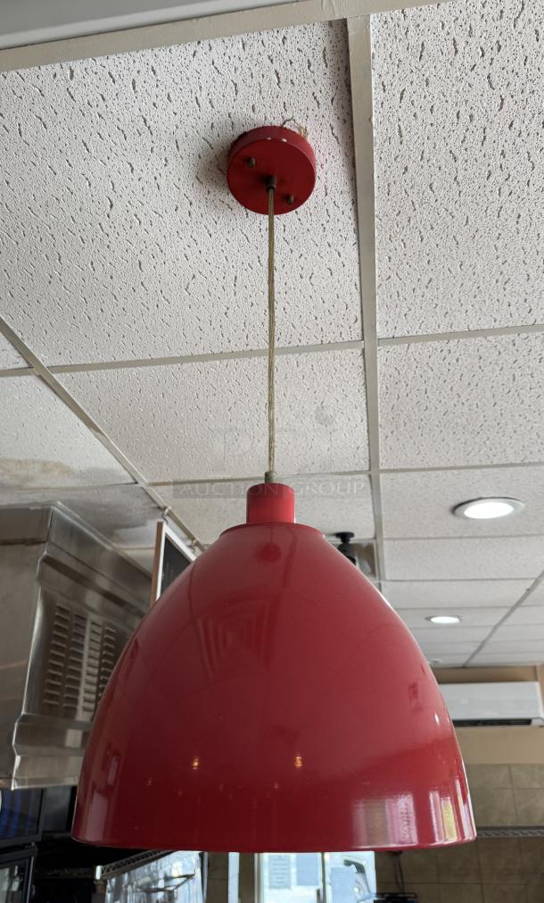Red pendant light, dome-shaped, ceiling-mounted. Includes 15 units; 3 are 25" and 12 are 46". Contemporary design.