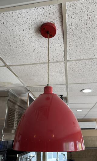 Red pendant light, dome-shaped, ceiling-mounted. Includes 15 units; 3 are 25" and 12 are 46". Contemporary design.