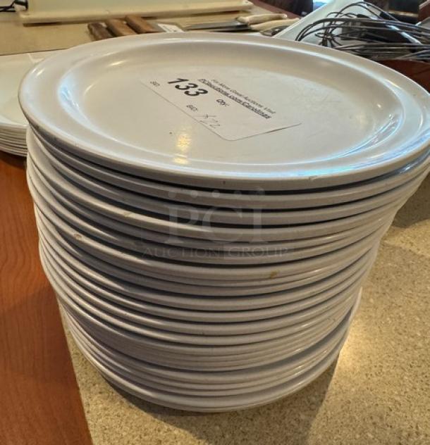 Stack of 22 G.E.T DP509 9" white ceramic dinner plates, marked with lot number 133, in good condition.