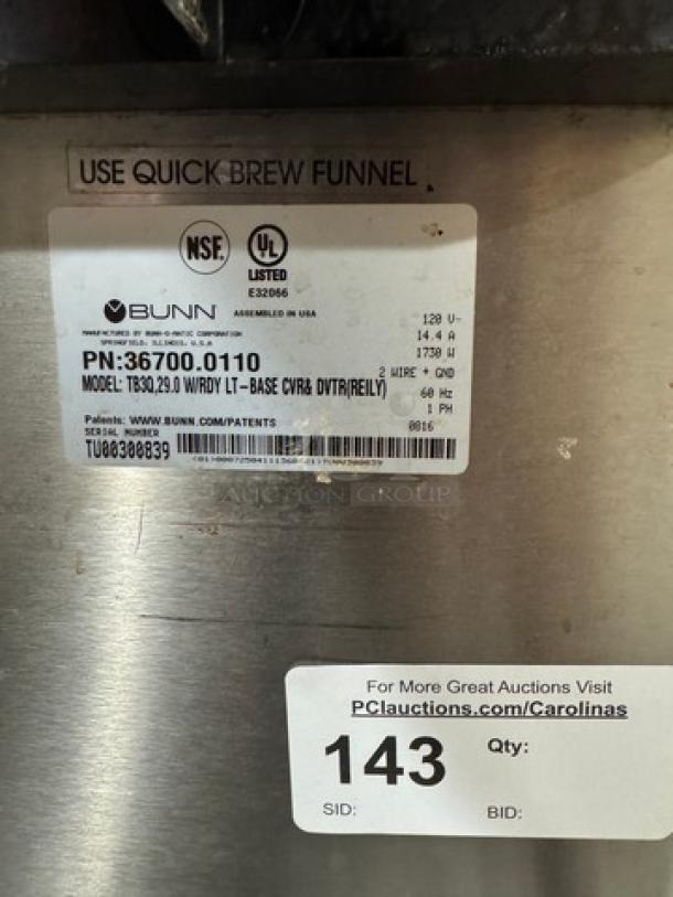 Bunn Ice Tea Maker, Model TB3Q, in working condition. NSF certified. Features Quick Brew Funnel.