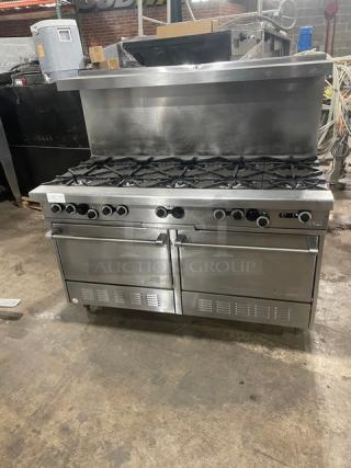 Garland H284 commercial stainless steel 10-burner gas range with double oven, backsplash, salamander shelf. Includes wired rack.