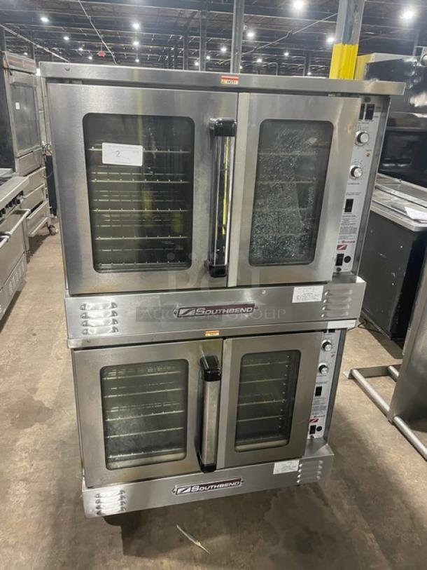 Southbend SLGS/22SC double stacked convection oven, stainless steel, natural gas, thermostatic control, on casters, model SN: 15E16175.