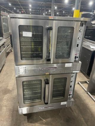 Southbend SLGS/22SC double stacked convection oven, stainless steel, natural gas, thermostatic control, on casters, model SN: 15E16175.