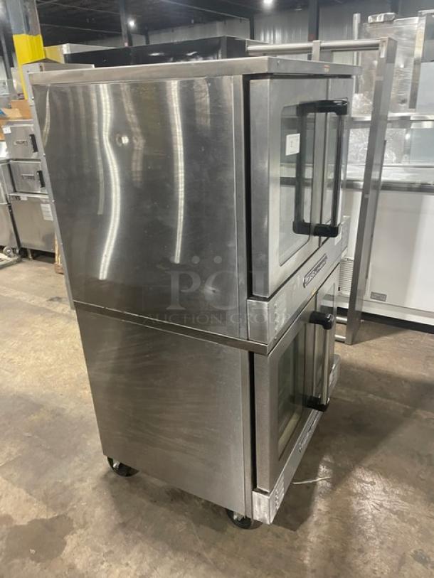 Southbend SL-Series double stacked stainless steel convection oven, thermostatic control, model SLGS/22SC, on casters.