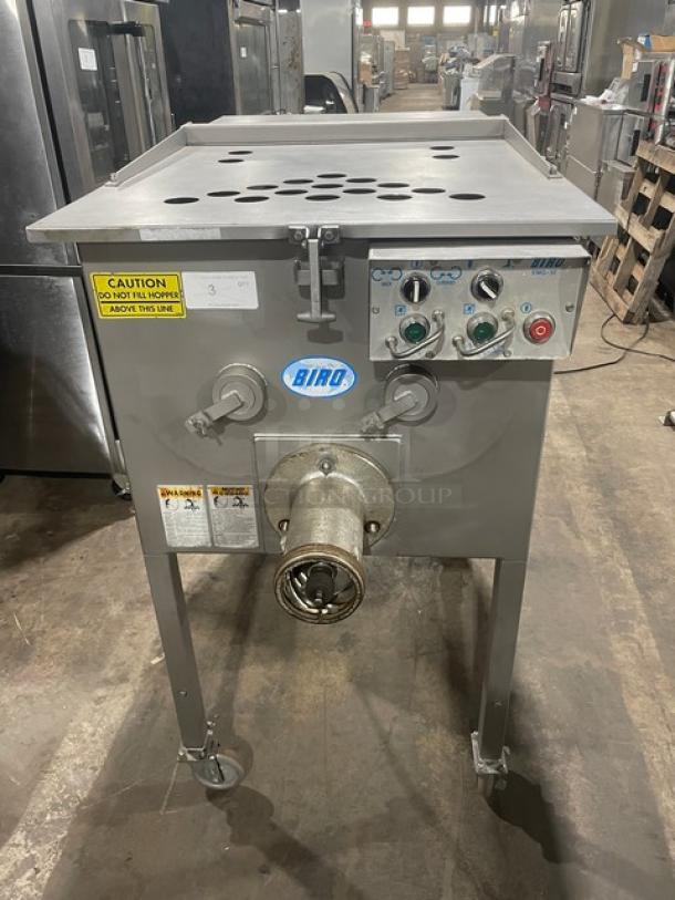 Biro EMG32 commercial meat mixer/grinder, stainless-steel hopper & lid, ergonomic controls, Model EMG-32, 208V 3-phase, on casters.