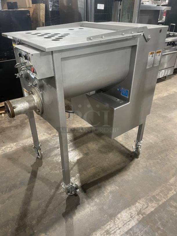 Biro EMG32 meat mixer/grinder with heavy-duty stainless steel hopper and lid, 208V 3 phase, on casters. Model EMG-32 SN: 6878.