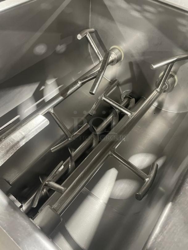 Biro EMG32 meat mixer/grinder with heavy-duty stainless-steel hopper, ergonomic design, and casters. Model EMG-32, SN: 6878, 208V 3 Phase.