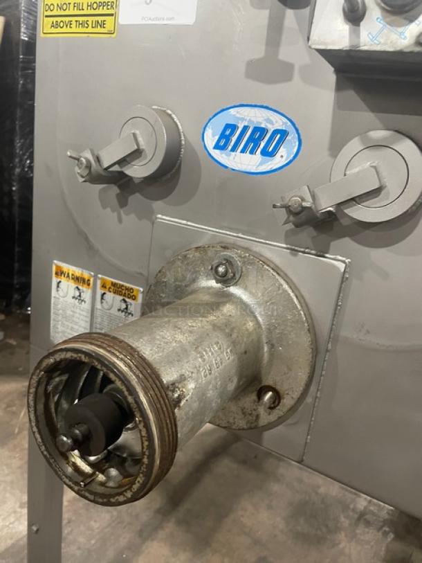 Biro EMG32 commercial meat mixer/grinder with stainless steel hopper and lid. Model EMG-32, SN 6878, 208V 3 Phase, on casters.