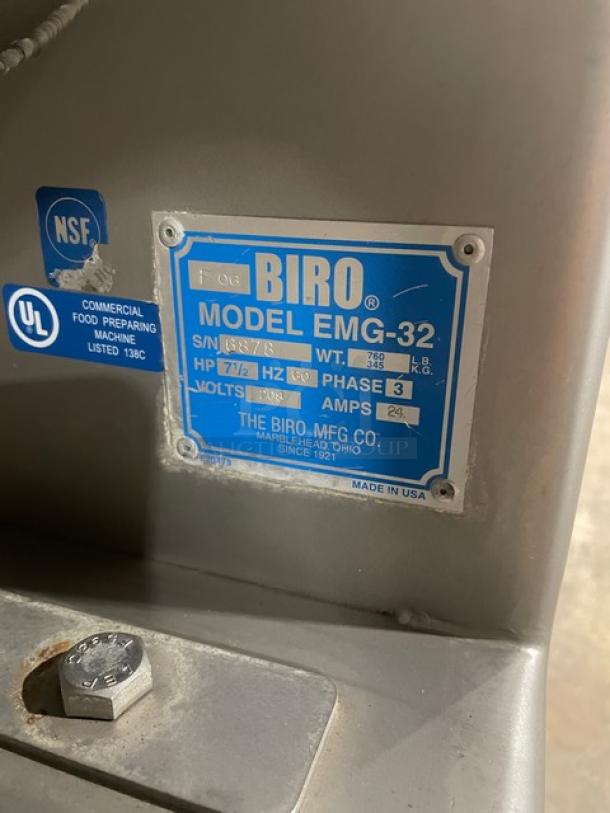 Biro EMG-32 meat mixer/grinder, 208V 3-phase, SN: 6878, stainless steel hopper, ergonomic design, on casters, UL and NSF certified.