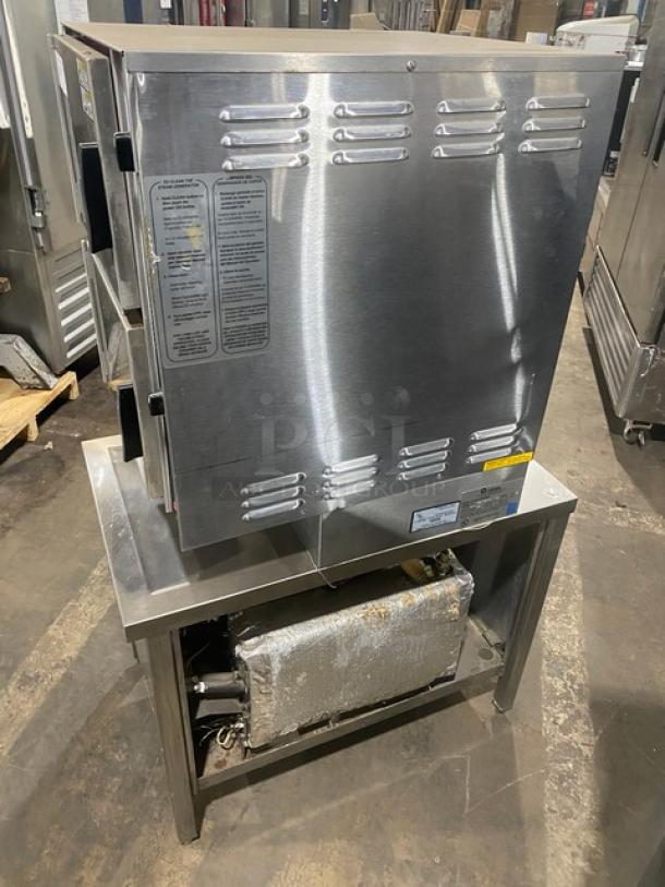 Groen HY6E HyPer Steam Series 2022 stainless steel dual-compartment convection steamer, electric, model HY-6E, 480V 3-phase, on legs.