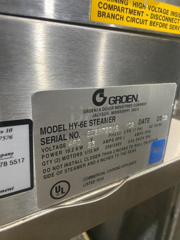 Groen HY-6E dual-compartment 6-pan convection steamer, stainless steel, 2022 model, electric, 480V 3-phase, on legs.