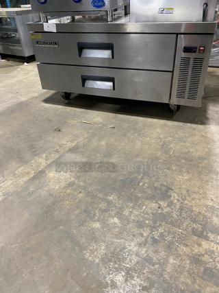 Universal Coolers stainless steel two-drawer refrigerated chef base, Model CBI52, 115V, on casters, commercial use.
