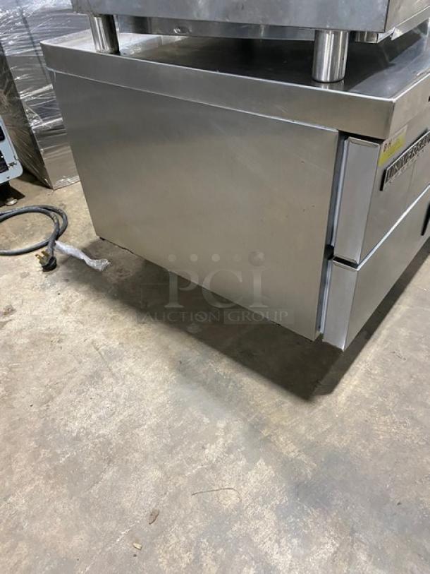 Universal Coolers stainless steel refrigerated chef base, model CBI52, two drawers, 115V, on casters, SN: 6809260222022806.