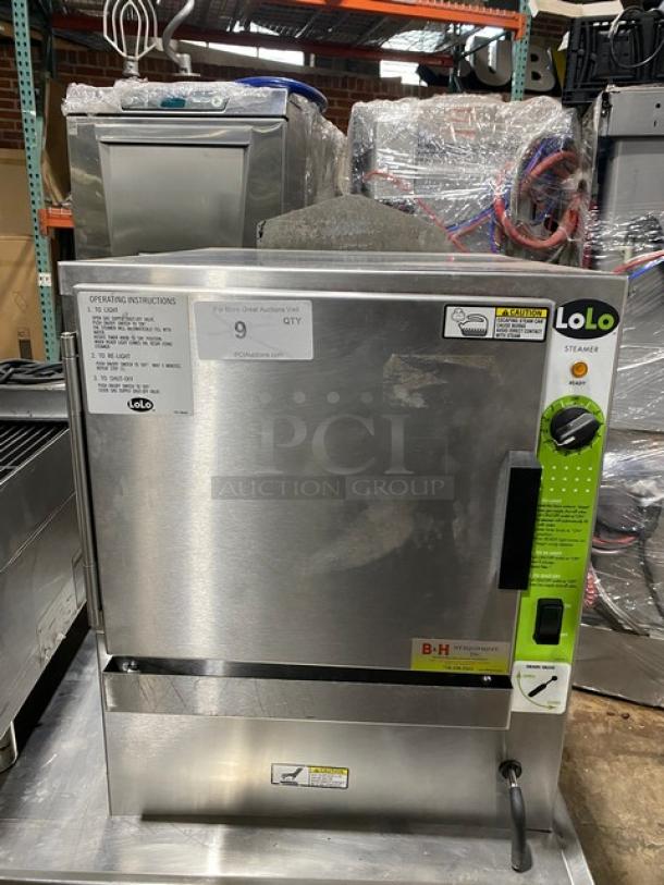 LoLo stainless steel countertop steamer, natural gas-powered, single compartment with pan holding rack, excellent condition.