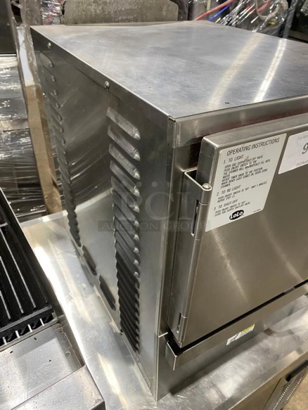 LoLo stainless steel commercial countertop steamer, natural gas, single compartment, with built-in pan rack.