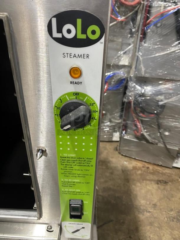 LoLo Commercial Stainless Steel Natural Gas Steamer with pan rack, control panel visible, excellent condition.