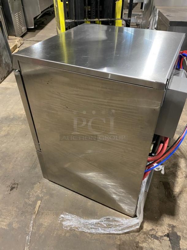 Hobart Advansys LXe Series stainless steel high-temperature dishwasher, model LXER, with peg rack, new body style, on legs.