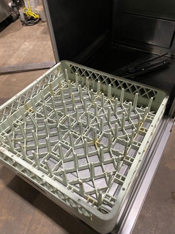 Hobart Advansys LXE Series commercial stainless steel undercounter dishwasher, Model LXER, with full-size peg rack and legs.
