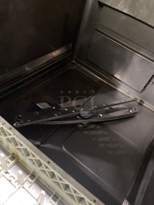 Hobart Advansys LXe Series dishwasher interior showing stainless steel finish, peg rack, and components. Model LXER, serial 231183279.