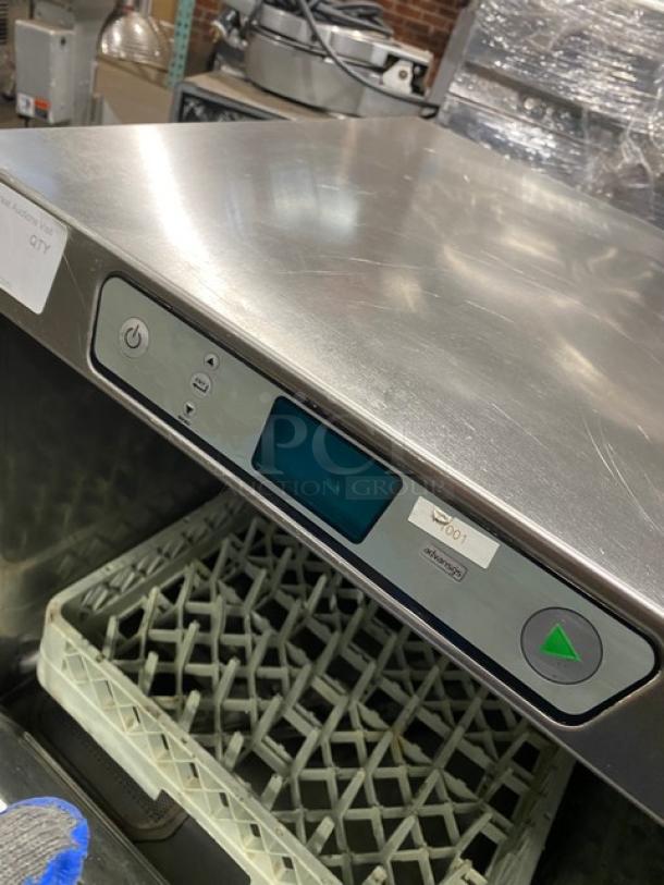 Hobart Advansys LXER stainless steel commercial dishwasher, new condition, with full-size peg rack, digital controls visible.