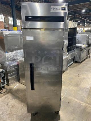 Delfield 6025XL-S commercial stainless steel refrigerator. Energy Star certified, single door, with poly coated wire racks, on casters.