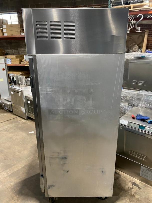 Delfield 6025XL-S stainless steel single door refrigerator, Energy Star certified, on casters, with poly coated wire racks.