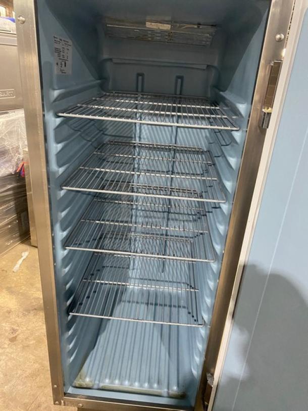 Delfield 6025XLS commercial stainless steel single door refrigerator, Energy Star certified, with poly coated wire racks, on casters.