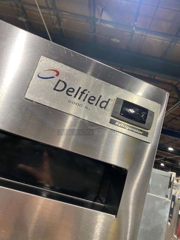 Delfield 6000-XL Series stainless steel reach-in refrigerator, Model 6025XLS, Energy Star certified, with label and digital display.