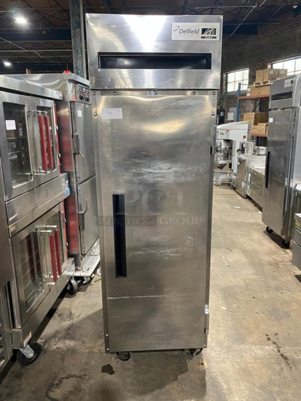Delfield Spec Line 6125XL-S stainless steel commercial freezer on casters, Energy Star certified, with wire racks, single door.