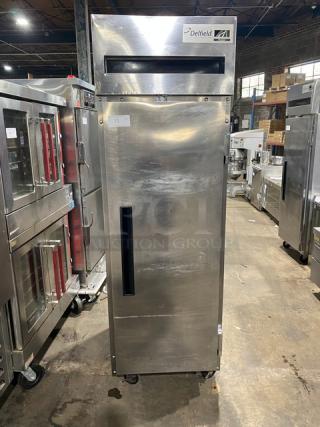 Delfield Spec Line 6125XL-S stainless steel commercial freezer on casters, Energy Star certified, with wire racks, single door.