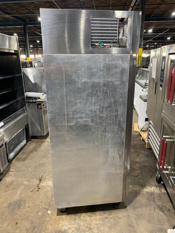 Delfield Spec Line Series 6125XL-S stainless steel single door freezer, Energy Star certified, with wire racks, on casters.