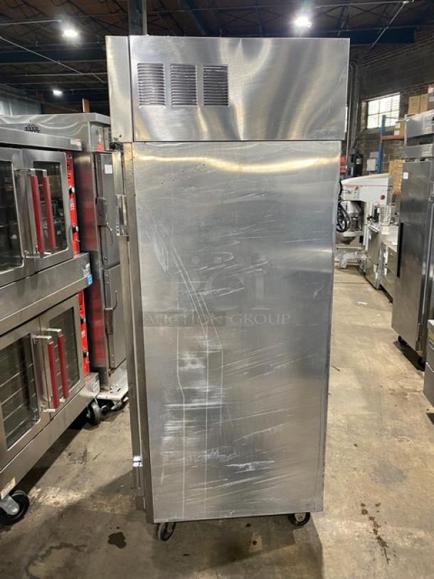 Delfield Spec Line stainless steel single door freezer, model 6125XLS. Energy Star certified, on casters, with wire racks.